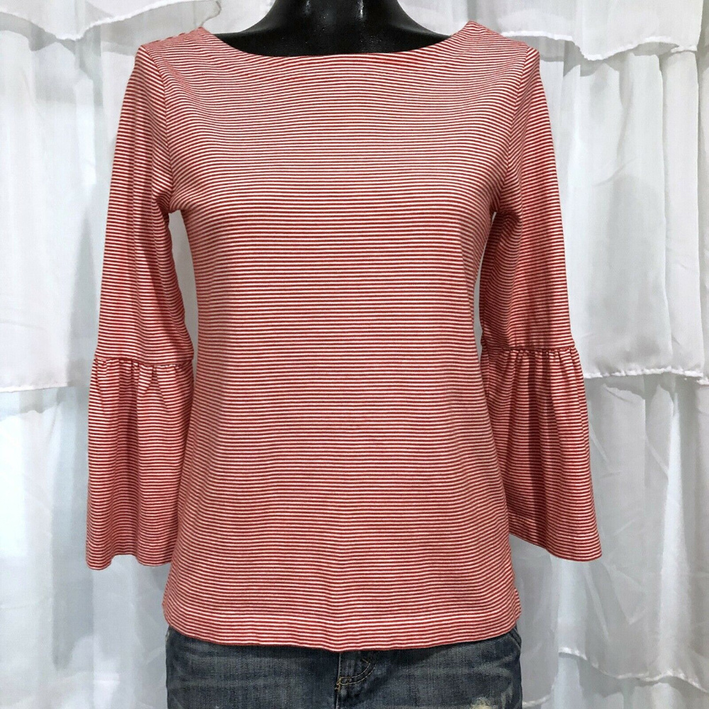 J.CREW Red and White Striped Bell Sleeve Top